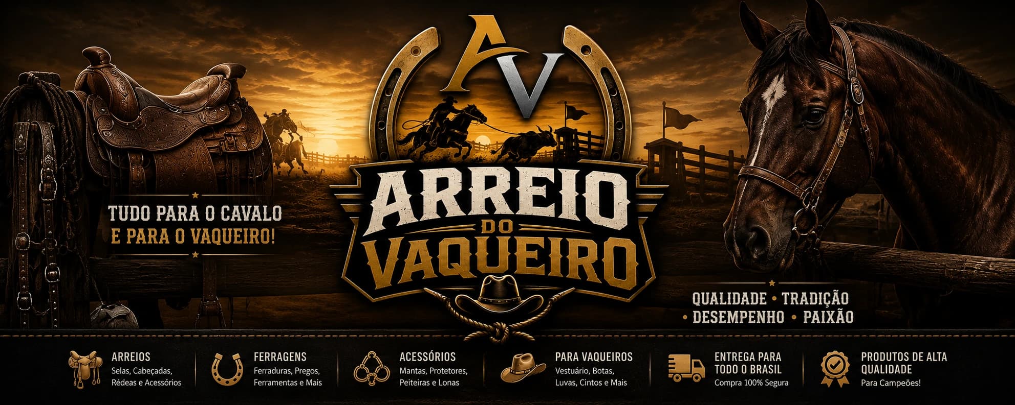 Arreio do Vaqueiro — sela artesanal, ferradura dourada e cavalo de vaquejada ao pôr do sol